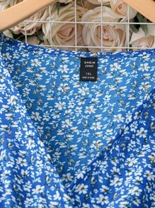 SHEIN LUNE Đầm Plus Size Xù Trọn gói Họa tiết hoa Boho - Màu xanh lam - Xem 3