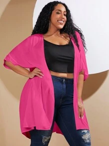 SHEIN CURVE+ Áo khoác cỡ lớn cắt màu trơn Giải trí - Màu Hồng Tươi - Xem 1