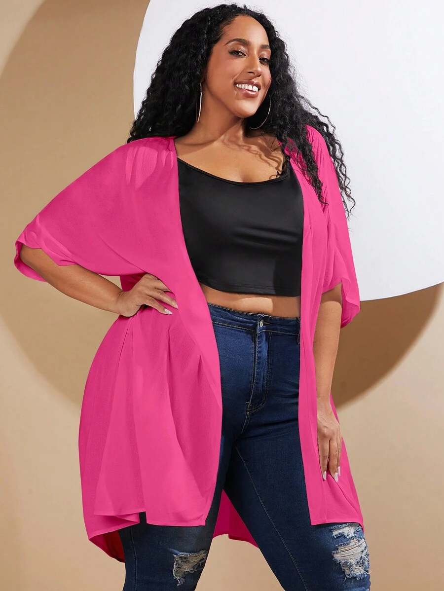 SHEIN CURVE+ Áo khoác cỡ lớn cắt màu trơn Giải trí - Màu Hồng Tươi - Xem 1