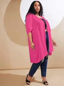 SHEIN CURVE+ Áo khoác cỡ lớn cắt màu trơn Giải trí - Màu Hồng Tươi - Xem 3