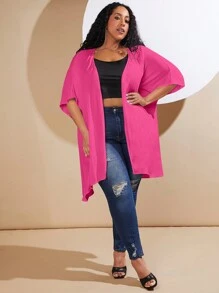 SHEIN CURVE+ Áo khoác cỡ lớn cắt màu trơn Giải trí - Màu Hồng Tươi - Xem 4