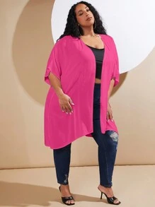 SHEIN CURVE+ Áo khoác cỡ lớn cắt màu trơn Giải trí - Màu Hồng Tươi - Xem 5