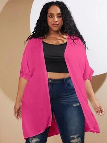 SHEIN CURVE+ Áo khoác cỡ lớn cắt màu trơn Giải trí - Màu Hồng Tươi - Xem 6