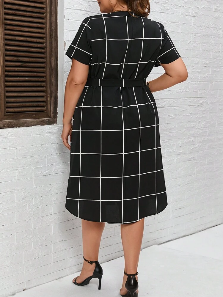 Plus Grid Print Notched Neckline Belted Dress, Summer