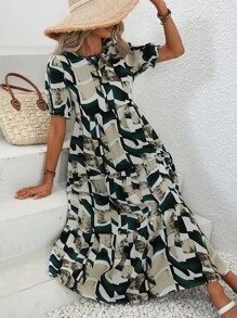 SHEIN Clasi Vestido smock con estampado geométrico de cuello con cordón bajo con fruncido - Multicolor - Ver 4