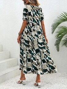 SHEIN Clasi Vestido smock con estampado geométrico de cuello con cordón bajo con fruncido - Multicolor - Ver 2