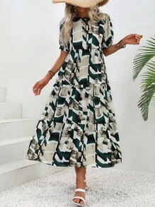 SHEIN Clasi Vestido smock con estampado geométrico de cuello con cordón bajo con fruncido - Multicolor - Ver 1