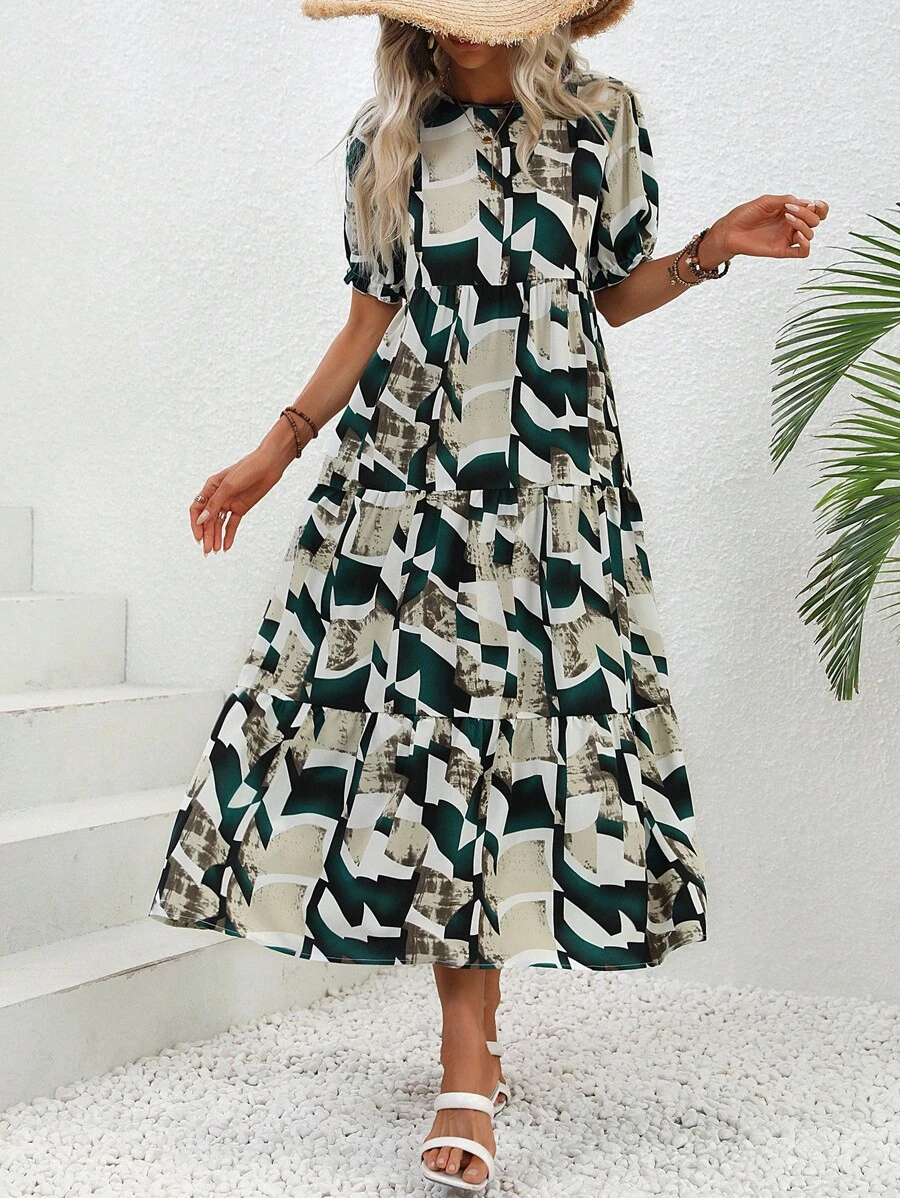 SHEIN Clasi Vestido smock con estampado geométrico de cuello con cordón bajo con fruncido - Multicolor - Ver 1