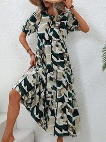 SHEIN Clasi Vestido smock con estampado geométrico de cuello con cordón bajo con fruncido - Multicolor - Ver 6