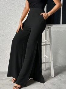SHEIN LUNE 高衩闊腿褲 - 黑色 - 查看 5