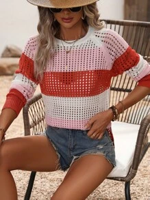 SHEIN LUNE 撞色網眼針織插肩袖套頭毛衣 - 彩色 - 查看 3