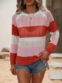 SHEIN LUNE 撞色網眼針織插肩袖套頭毛衣 - 彩色 - 查看 4