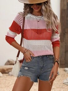 SHEIN LUNE 撞色網眼針織插肩袖套頭毛衣 - 彩色 - 查看 5