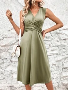 SHEIN Clasi Solid Wrap Cross Dress - Army Green - View 5