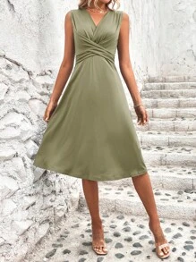 SHEIN Clasi Solid Wrap Cross Dress - Army Green - View 6