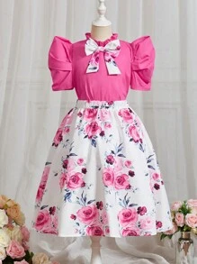 SHEIN Tween 女童短款泡泡袖可拆卸蝴蝶结上衣搭配印花面料中裙套装 - 彩色 - 查看 1