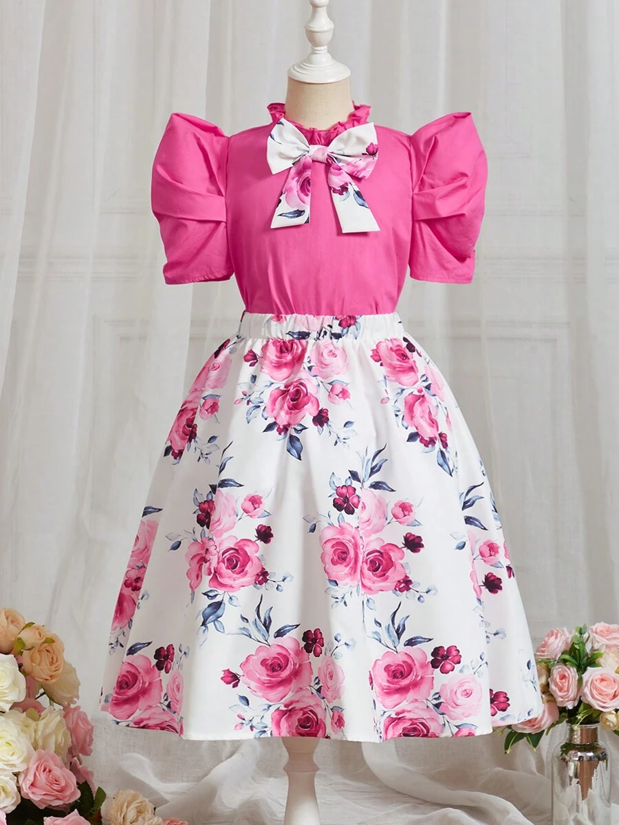 SHEIN Tween 女童短款泡泡袖可拆卸蝴蝶结上衣搭配印花面料中裙套装 - 彩色 - 查看 1