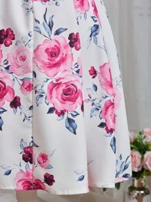 SHEIN Tween 女童短款泡泡袖可拆卸蝴蝶结上衣搭配印花面料中裙套装 - 彩色 - 查看 4