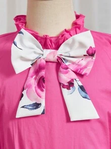 SHEIN Tween 女童短款泡泡袖可拆卸蝴蝶结上衣搭配印花面料中裙套装 - 彩色 - 查看 5