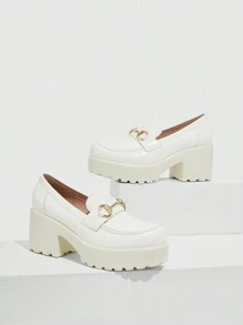 CUCCOO BIZCHIC Women Metal Decor Platform Shoes, Preppy Beige Platform Loafers For Outdoor Vacation Shoes Summer Elegant Basics Business Casual Business Chic Spring Shoes Spring Break Easter