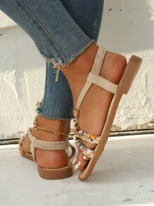 編織串珠平底涼鞋適用於度假,杏女士平底涼鞋