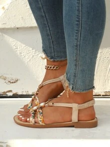 編織串珠平底涼鞋適用於度假,杏女士平底涼鞋