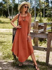 SHEIN LUNE Solid Button Detail Asymmetrical Hem Tank Dress - Burnt Orange - View 4