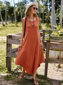 SHEIN LUNE Solid Button Detail Asymmetrical Hem Tank Dress - Burnt Orange - View 6