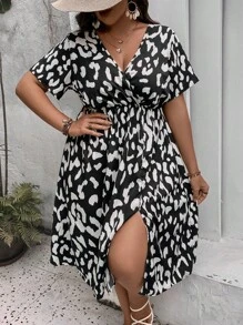 SHEIN Holidaya Plus Allover Print Split Thigh Dress - Black and White - View 5