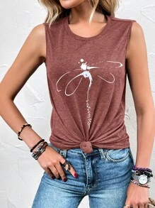 SHEIN LUNE 蜻蜓印花背心上衣 - 紅木色 - 查看 1