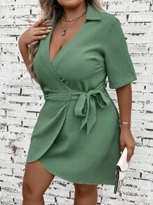 SHEIN VCAY Talla grande Vestido unicolor cruzado con nudo lateral - Verde - Ver 5