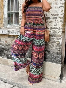 SHEIN LUNE 大碼幾何印花抹胸闊腿連體褲 - 彩色 - 查看 1