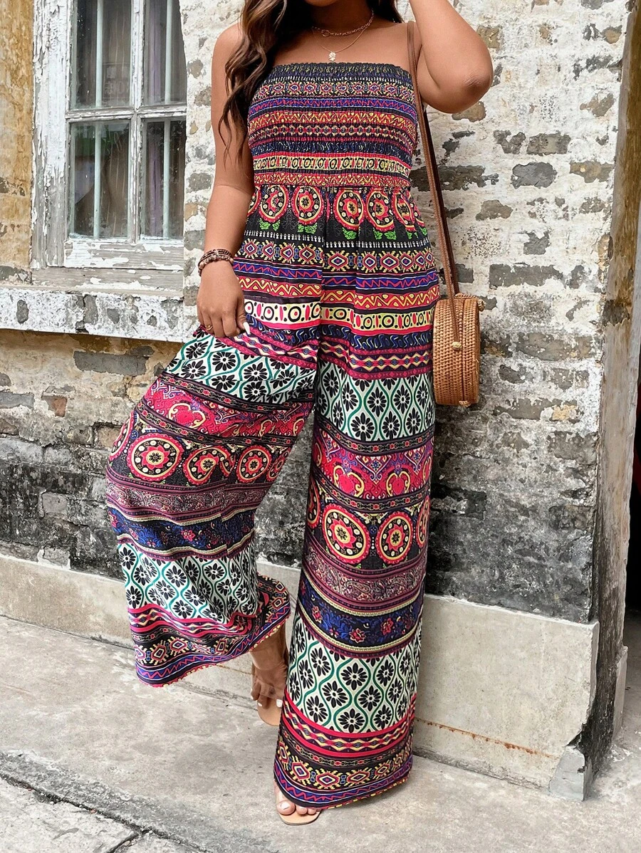 SHEIN LUNE 大碼幾何印花抹胸闊腿連體褲 - 彩色 - 查看 1