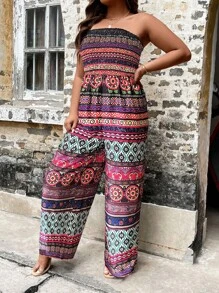 SHEIN LUNE 大碼幾何印花抹胸闊腿連體褲 - 彩色 - 查看 4