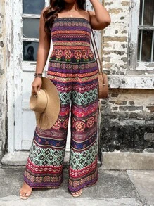 SHEIN LUNE 大碼幾何印花抹胸闊腿連體褲 - 彩色 - 查看 5