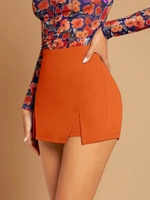 SHEIN Privé 素色下擺開叉裙裤 - 橘色 - 查看 3