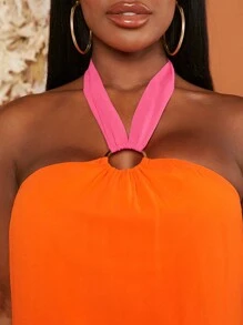 Slaydiva Solid Halter Neck Backless Dress - Orange - View 3