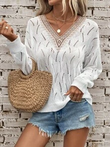 SHEIN LUNE Contrast Lace Drop Shoulder Pointelle Knit Jumper - White - View 1