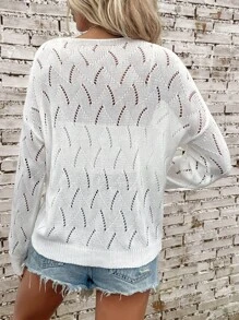 SHEIN LUNE Contrast Lace Drop Shoulder Pointelle Knit Jumper - White - View 2