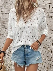 SHEIN LUNE Contrast Lace Drop Shoulder Pointelle Knit Jumper - White - View 3
