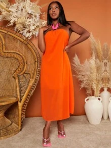 Slaydiva Solid Halter Neck Backless Dress - Orange - View 5