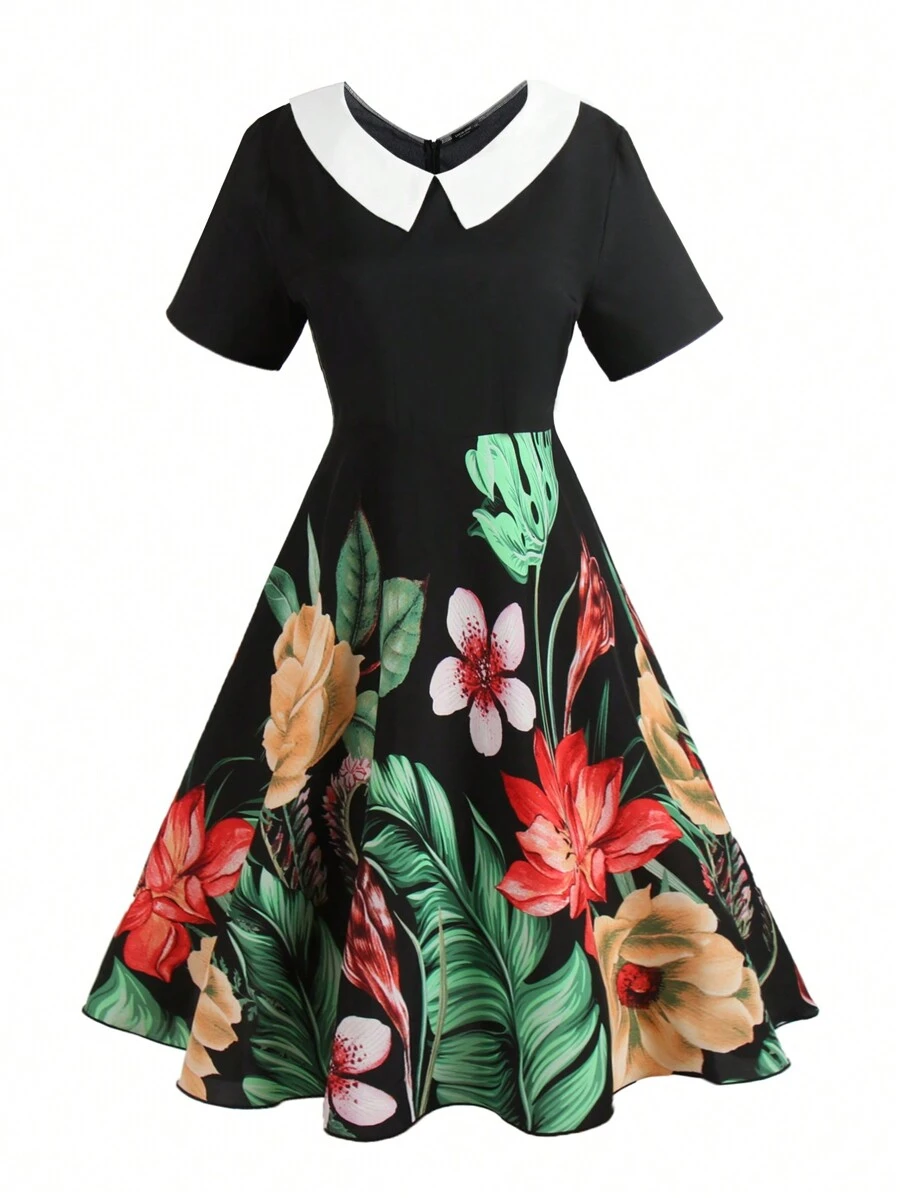 SHEIN LUNE Đầm Plus Size Tương phản ren Dây kéo Hoa Thanh lịch - Nhiều màu - Xem 1