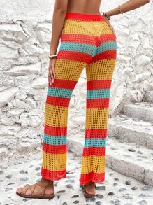 Colorblock Hollow Out Drawstring Waist Crochet Cover Up Pants - Multicolor - View 2