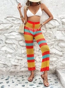 Colorblock Hollow Out Drawstring Waist Crochet Cover Up Pants - Multicolor - View 4