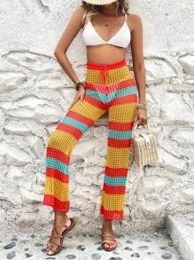 Colorblock Hollow Out Drawstring Waist Crochet Cover Up Pants - Multicolor - View 5