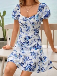 SHEIN VCAY Đầm Lộ Lưng Viên lá sen Buộc lại Hoa Tất cả trên in Boho - Xanh và trắng - Xem 1