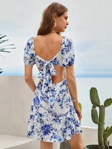 SHEIN VCAY Đầm Lộ Lưng Viên lá sen Buộc lại Hoa Tất cả trên in Boho - Xanh và trắng - Xem 2