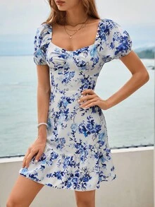 SHEIN VCAY Đầm Lộ Lưng Viên lá sen Buộc lại Hoa Tất cả trên in Boho - Xanh và trắng - Xem 6