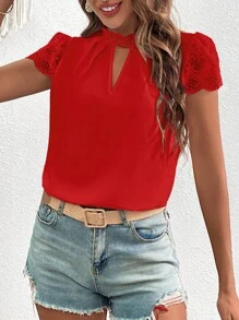 SHEIN Clasi 鎖眼領拼接網紗刺繡拼接細節襯衫 - 紅色 - 查看 5