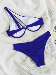 SHEIN Swim Summer Beach Ribbed Bikini Set One Shoulder Underwire Bra & Scrunch Butt Bikini Bottom 2 Piece Bathing Suit - Royal Blue - View 2